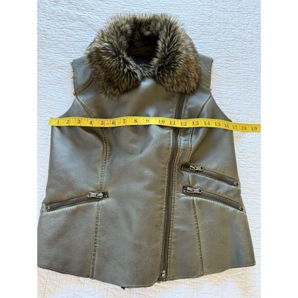 Maurice's Faux Leather Fur Asymmetrical Gun Metal Green Vest Jacket Womens Small - Picture 9 of 10